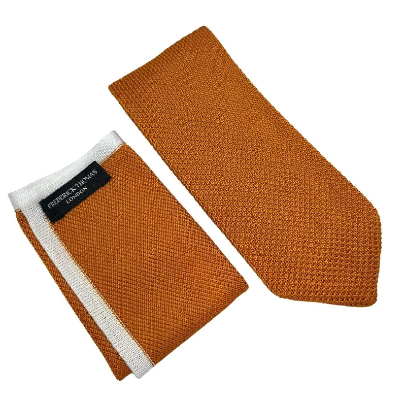 Men's solid color silk tie-Matching orange knitted 8cm pointed end tie and pocket square