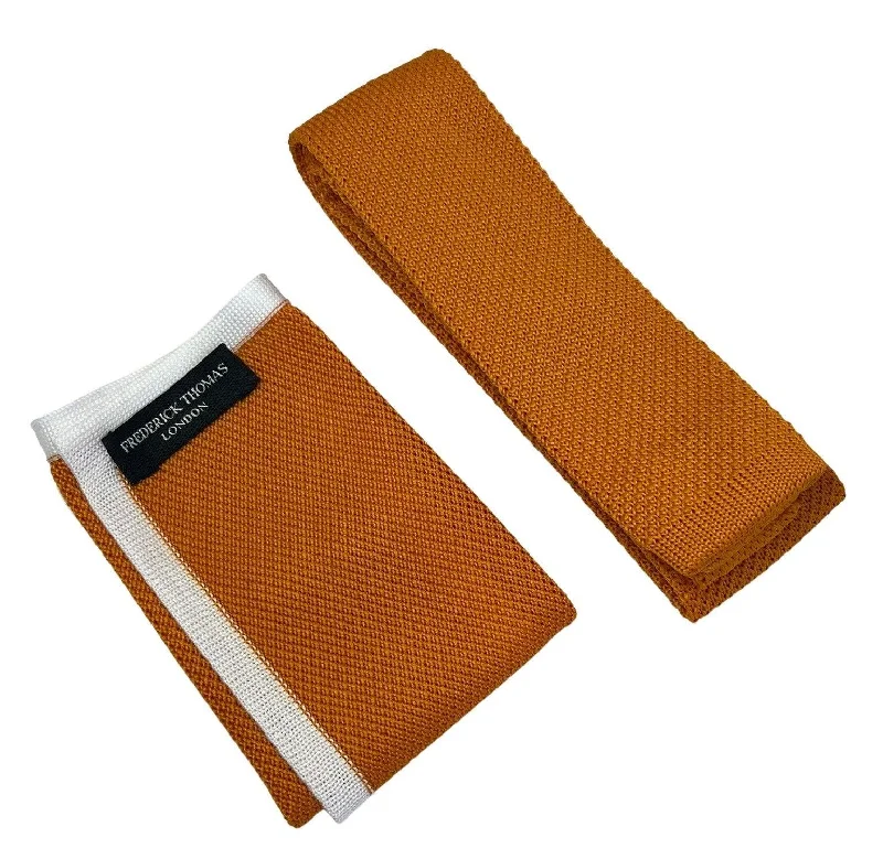 Men's solid color necktie-Matching orange knitted flat end tie and pocket square