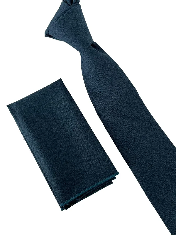 Men's tie with a textured weave-Matching dark navy blue bamboo tie and pocket square