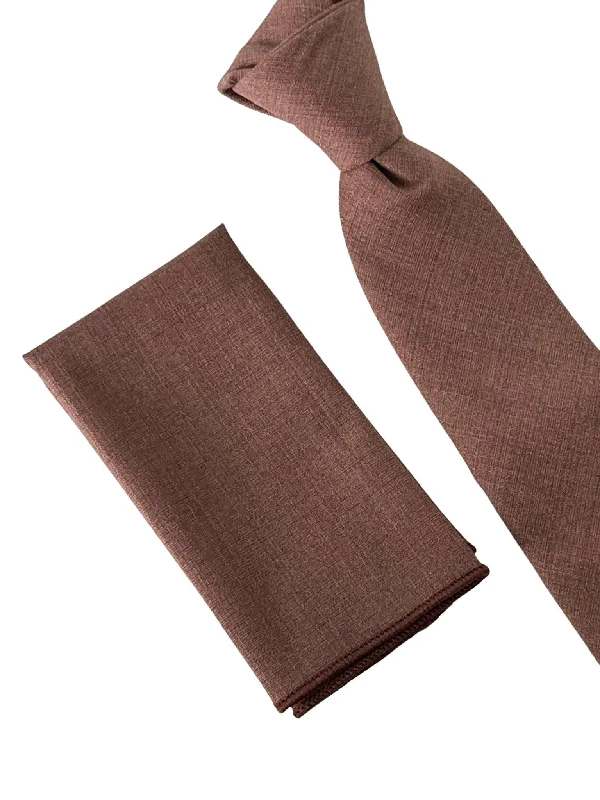 Men's tie with floral embroidery-Matching dusky dusty earthy red brick bamboo tie and pocket square