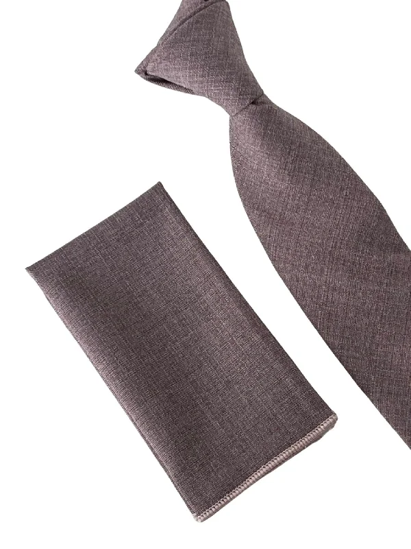 Luxury necktie for men-Matching plain mauve brown bamboo tie and pocket square