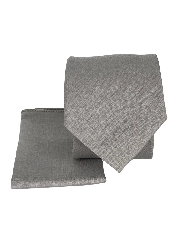 Unique men's necktie for special events-Matching plain silver light pale grey bamboo tie and pocket square