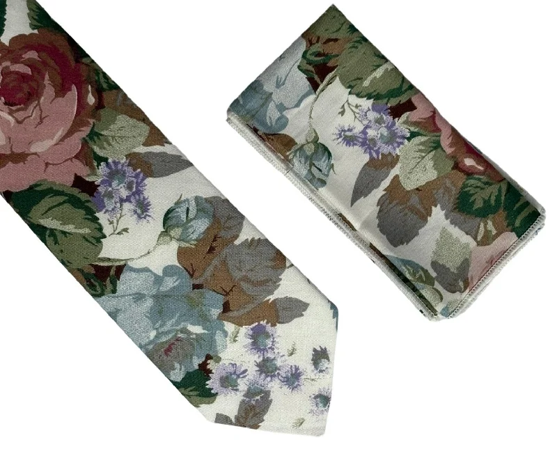 Men's tie with minimalistic pattern-watercolour style English pink rose garden cotton tie and matching pocket square