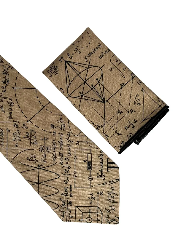 Trendy men's tie for evening wear-maths equation beige gold tie and pocket square