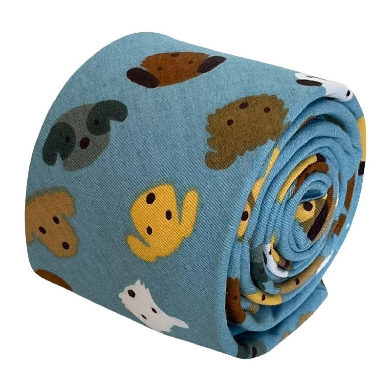 Men's tie with a subtle design-Medium denim blue tie with cute dog puppy design