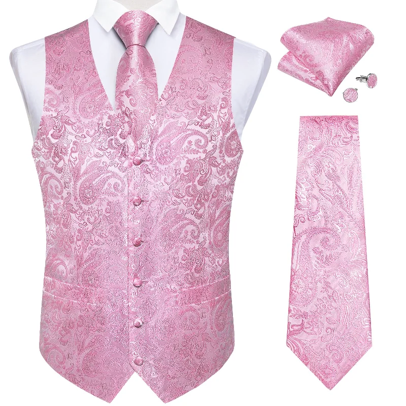 Men's tie with a textured weave-Men’s Casual Knit Waistcoat Vest Necktie Handkerchief Cufflinks Suit Set in Pink