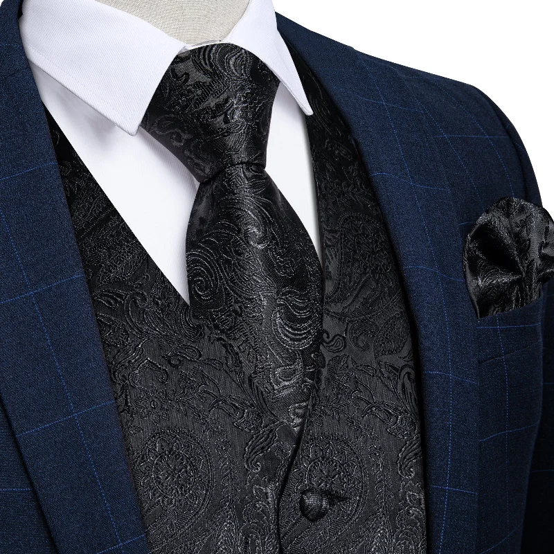 Men's tie with subtle polka dots-Black Floral Jacquard Silk Waistcoat Vest Tie Handkerchief Cufflinks Set