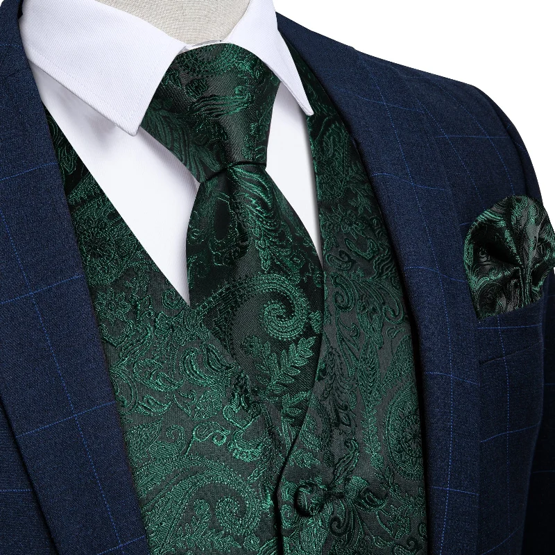 Men's necktie for fashion events-Green Floral Jacquard Silk Waistcoat Vest Necktie Handkerchief Cufflinks Set