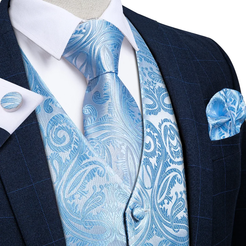 Men's tie for corporate events-Men's Classic Light Blue Floral Jacquard Silk Waistcoat Vest Tie Handkerchief Cufflinks Suit Set