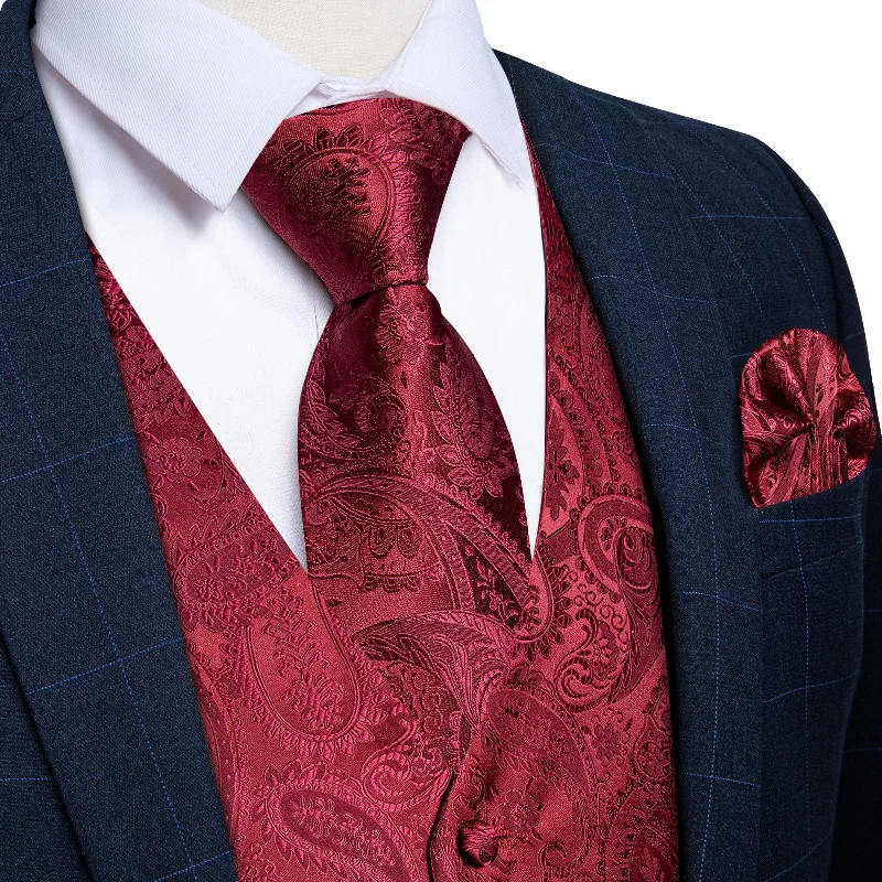 Cool men's tie-Men's Classic Red Floral Jacquard Silk Waistcoat Vest Tie Handkerchief Cufflinks Suit Set