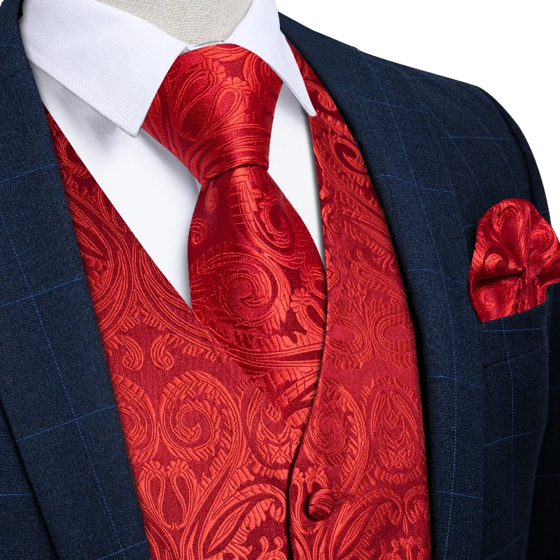 Men's tie for a special dinner-Men's Classic Red Floral Jacquard Silk Waistcoat Vest Tie Handkerchief Cufflinks Suit Set