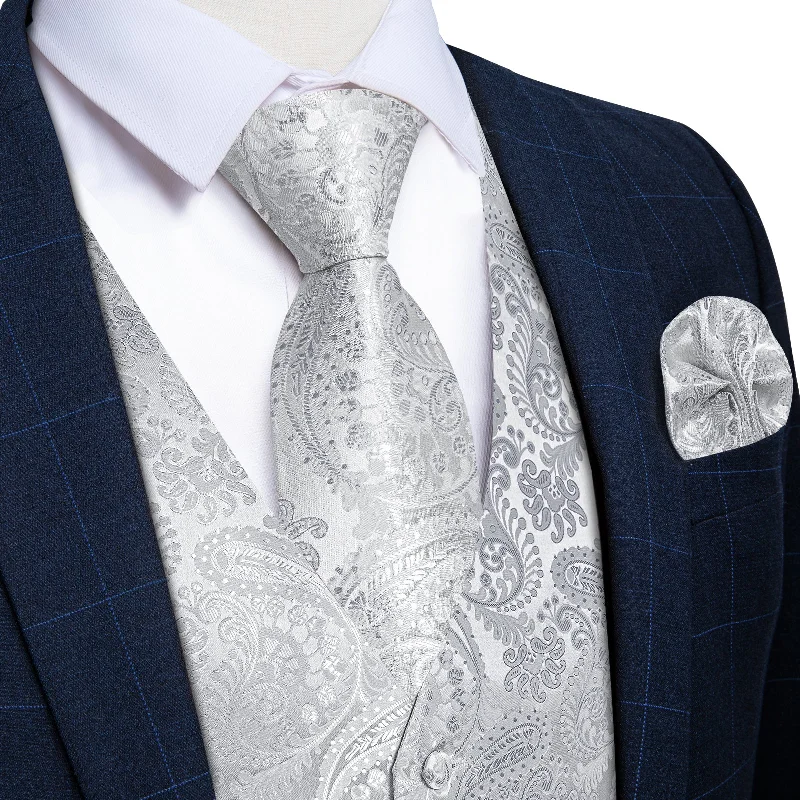 Modern men's tie with light patterns-Men's Classic Silver Floral Jacquard Silk Waistcoat Vest Tie Handkerchief Cufflinks Suit Set