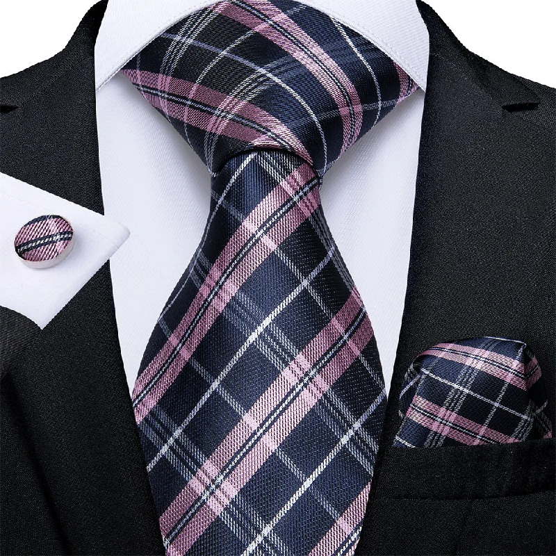 Men's patterned tie-Men's Pink Blue Plaid Tie Handkerchief Cufflinks Set