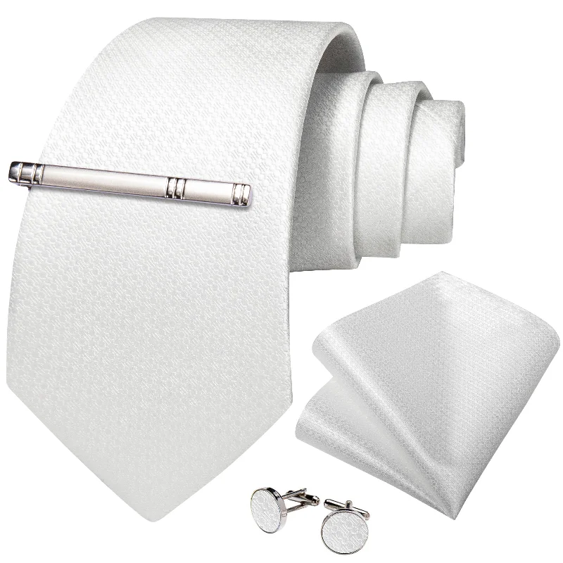 Men's silk tie for wedding season-Milky White Solid Men's Tie Handkerchief Cufflinks Clip Set