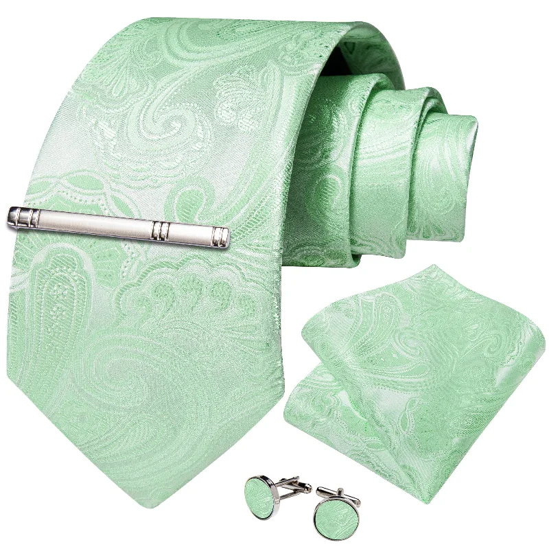 Men's tie with a rich texture-Mint Green Floral Men's Tie Handkerchief Cufflinks Clip Set