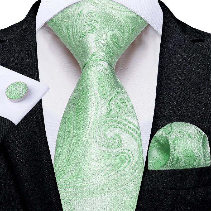 Best necktie for upscale events-Mint Green Floral Men's Tie Pocket Square Handkerchief Set