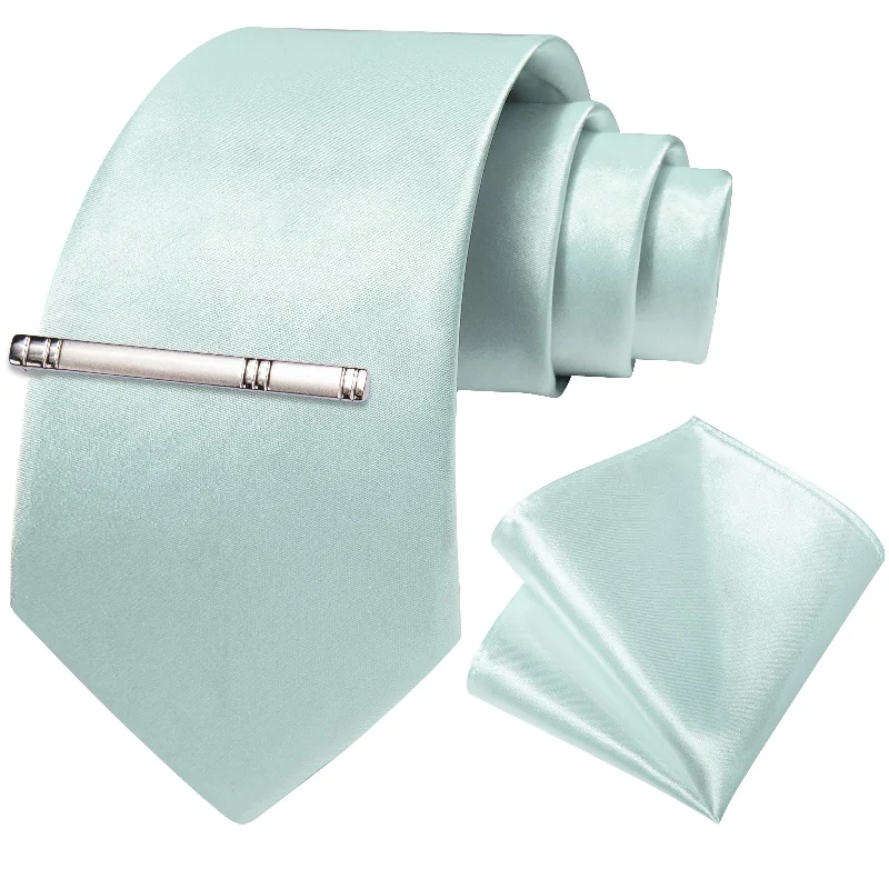 Men's tie with polka dots for summer-Mint Green Solid Men's Tie Handkerchief Cufflinks Clip Set