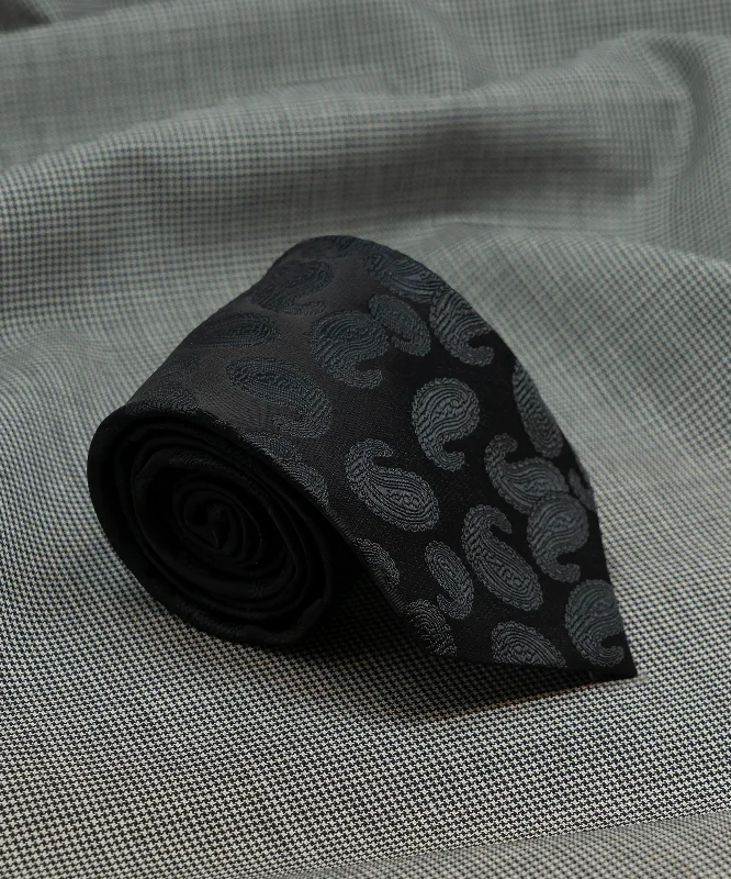 Men's silk tie for festive occasions-Monochrome Black Paisley Necktie