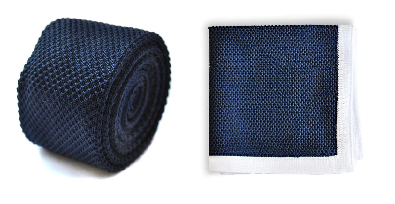 Elegant men's necktie for weddings-navy blue knitted tie with matching pocket square