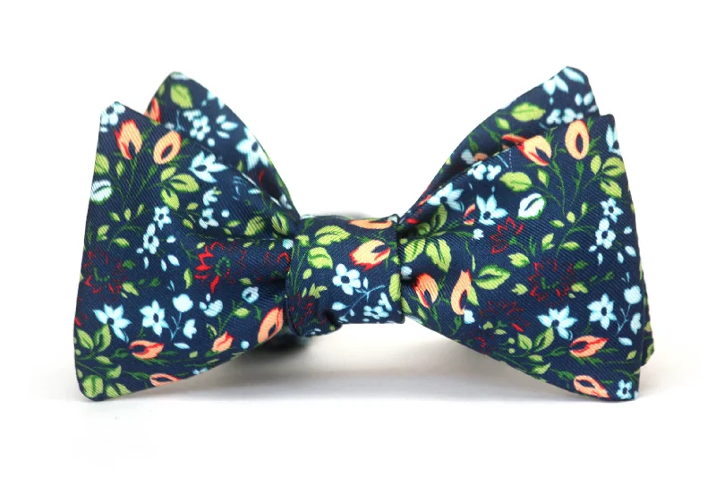 Men's tie for holiday parties-Navy Floral Silk Self-Tie Bow Tie