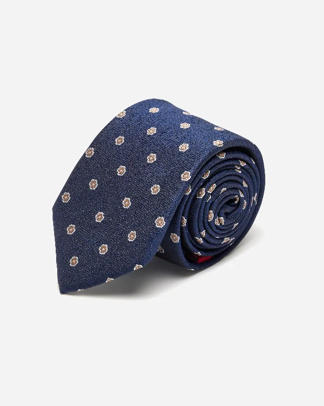 Men's tie for summer wedding-Navy with Tan Motif Silk Tie