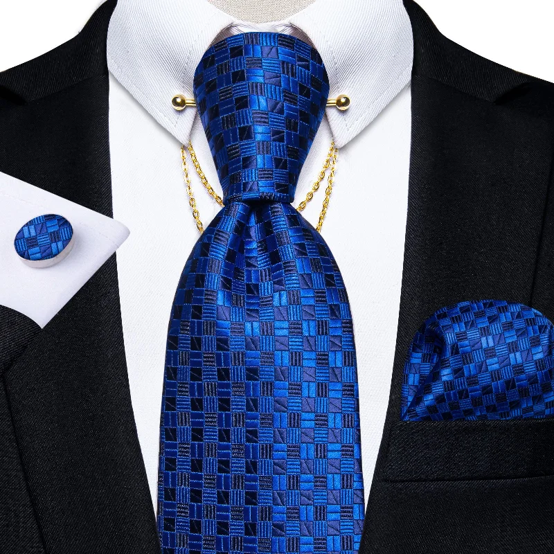 Men's tie with floral embroidery-Navyblue Plaid Tie Pocket Square Cufflinks Set with Collar Pin