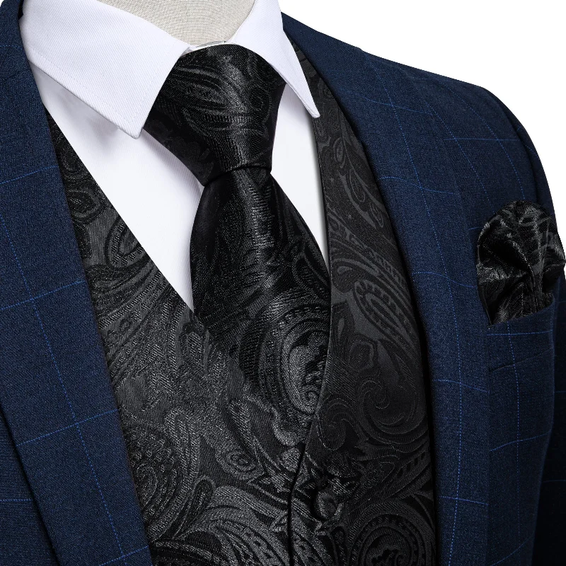 Classic men's necktie-Black Floral Jacquard Silk Waistcoat Vest Tie Pocket Square Cufflinks Set