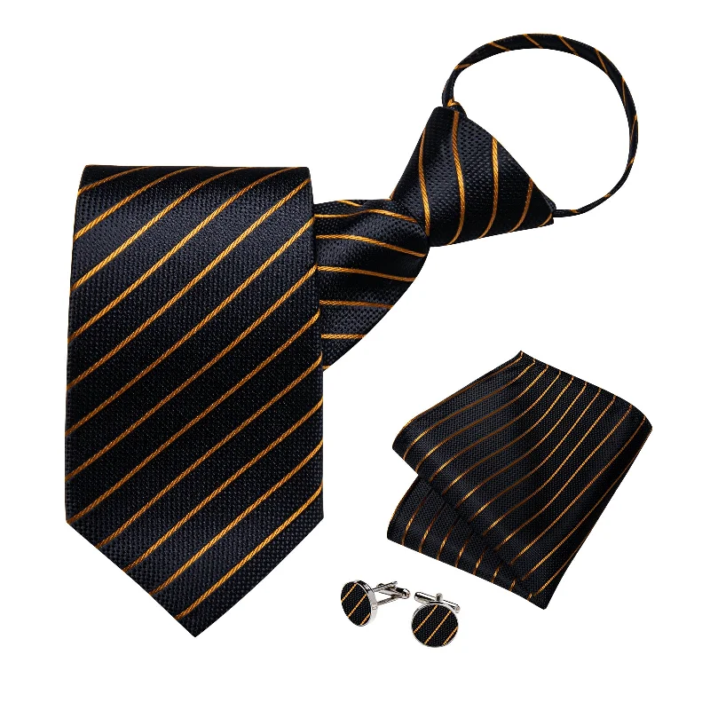 Men's tie for casual wear-Black Golden Stripe Silk Pre-tied Tie Pocket Square Cufflinks Set