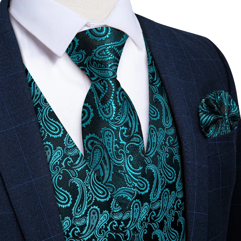 Affordable men's ties-Black Teal Paisley Jacquard Silk Waistcoat Vest Tie Pocket Square Cufflinks Set