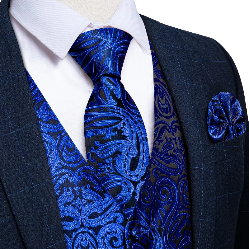 Men's high-quality designer tie-Blue Floral Jacquard Silk Waistcoat Vest Tie Pocket Square Cufflinks Set