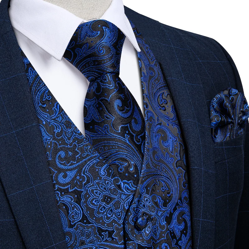 Designer men's ties-Blue Floral Jacquard Silk Waistcoat Vest Tie Pocket Square Cufflinks Set