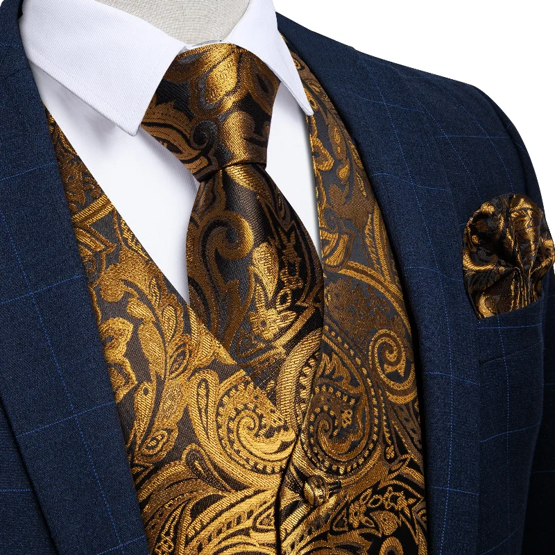 Best men's tie for weddings-Golden Floral Jacquard Silk Waistcoat Vest Tie Pocket Square Cufflinks Set