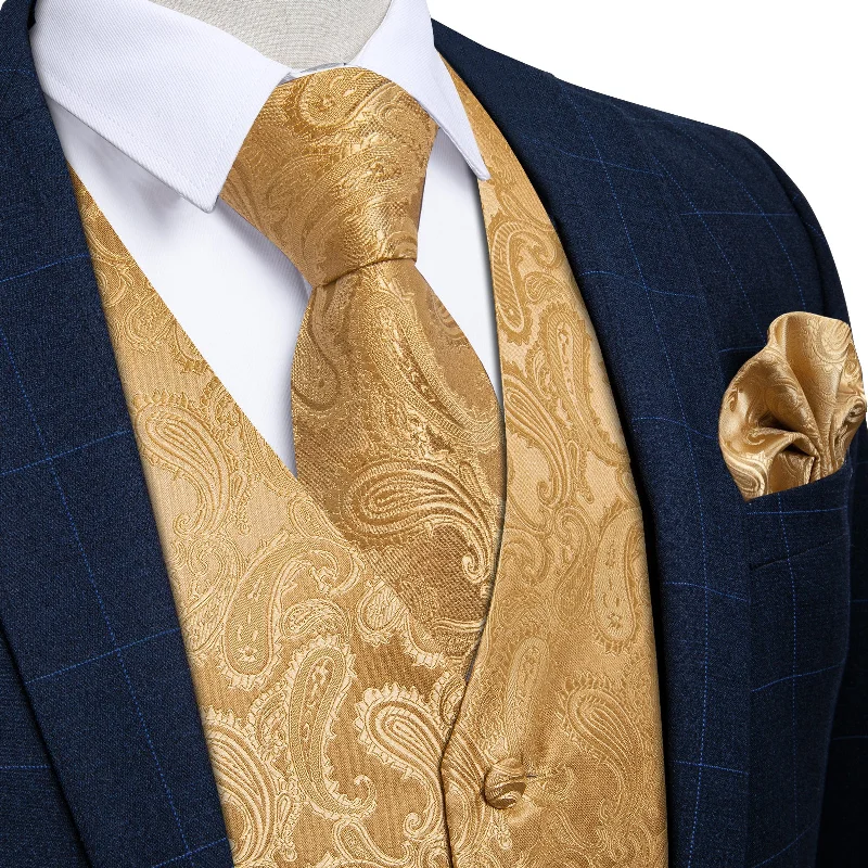 Men's tie for business-Golden Paisley Jacquard Silk Waistcoat Vest Tie Pocket Square Cufflinks Set