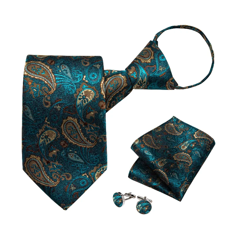 Custom men's necktie-Green Paisley Silk Pre-tied Tie Pocket Square Cufflinks Set