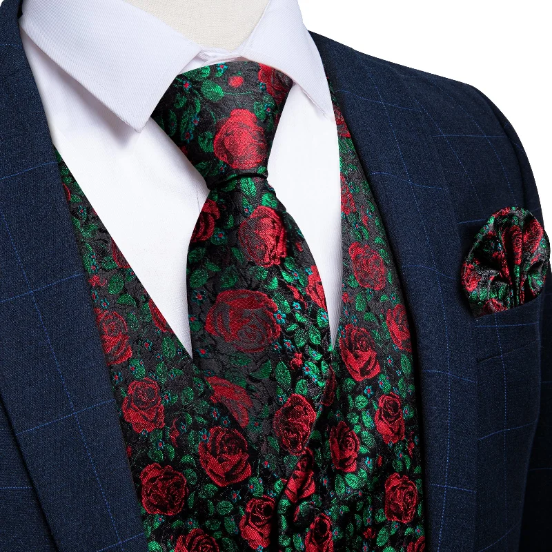 Formal silk tie for men-Green Red Floral Jacquard Silk Waistcoat Vest Tie Pocket Square Cufflinks Set