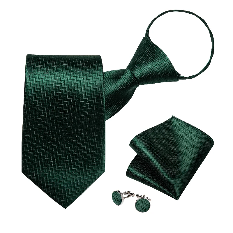 Men's slim tie-Green Stripe Silk Pre-tied Tie Pocket Square Cufflinks Set