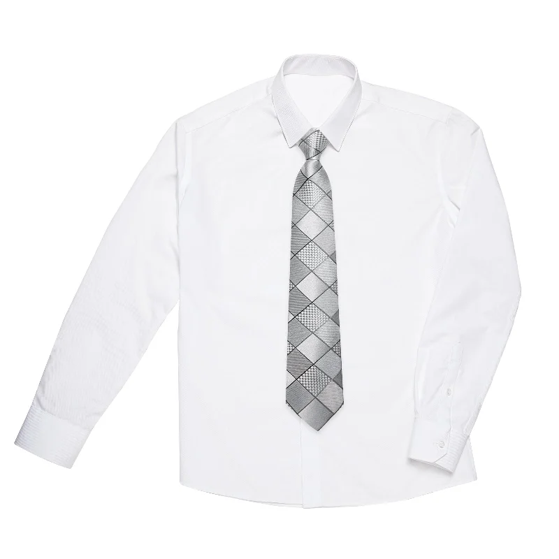 Men's tie with a unique pattern-Grey Silver Lattice Silk Kid's Tie Pocket Square Set