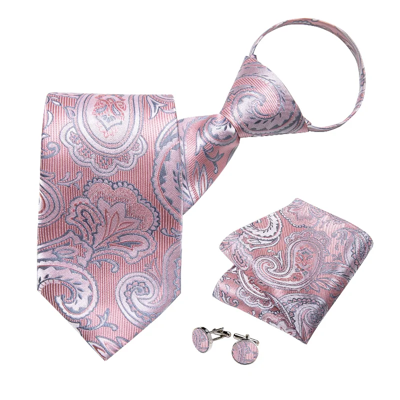 Men's tie with polka dots-Pink Floral Silk Pre-tied Tie Pocket Square Cufflinks Set