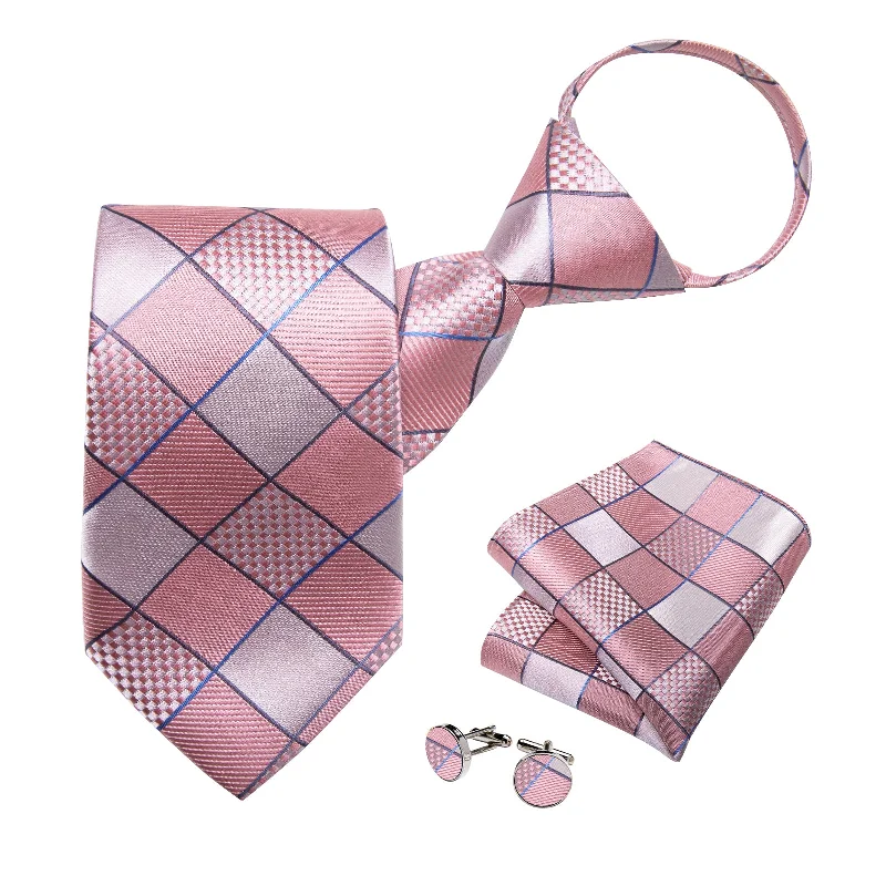 Men's tie for interviews-Pink Silver Lattice Silk Pre-tied Tie Pocket Square Cufflinks Set