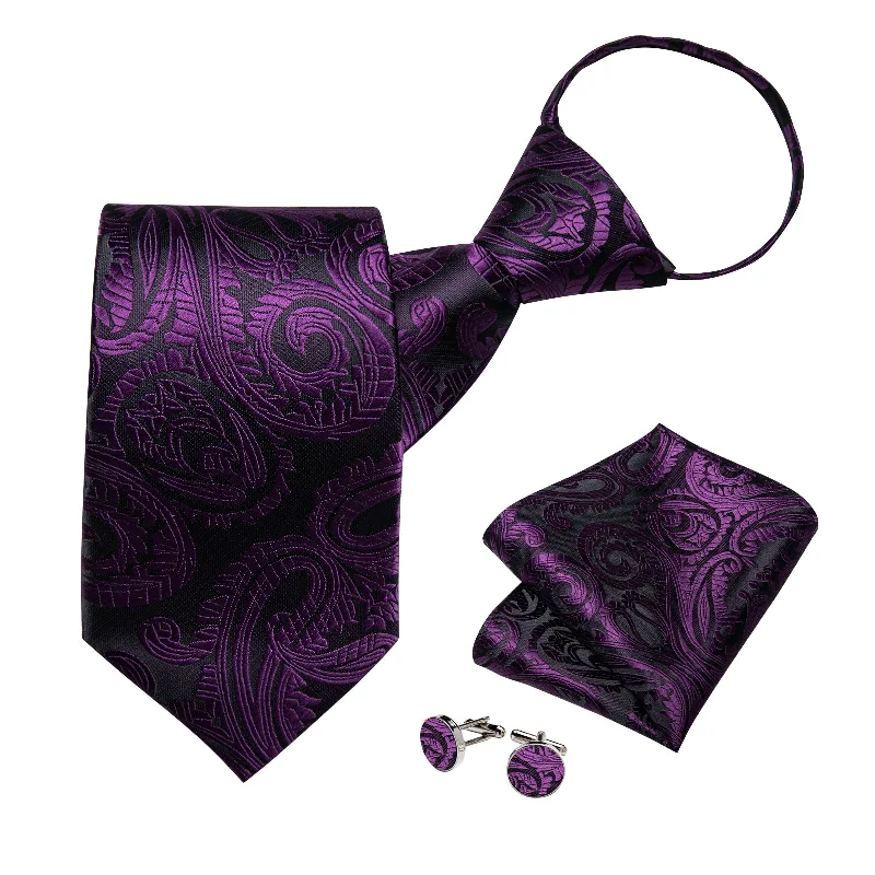 Best quality men's tie-Purple Floral Silk Pre-tied Tie Pocket Square Cufflinks Set