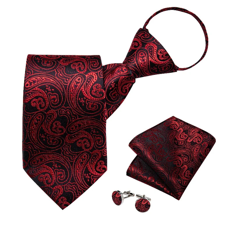 Men's paisley tie-Red Paisley Silk Pre-tied Tie Pocket Square Cufflinks Set