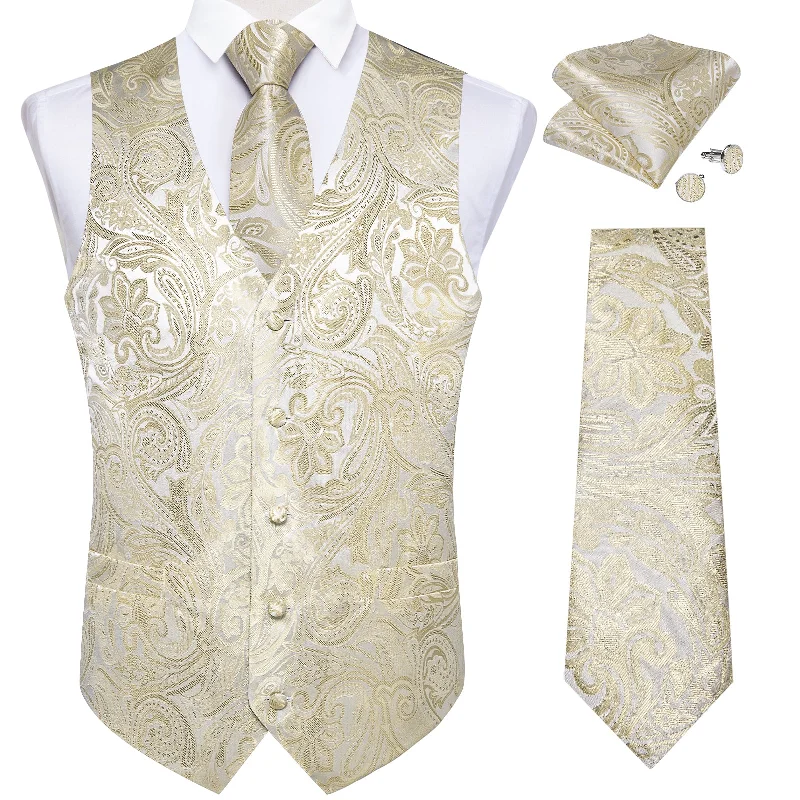 Men's silk tie-Rose Golden Floral Jacquard Silk Waistcoat Vest Tie Pocket Square Cufflinks Set