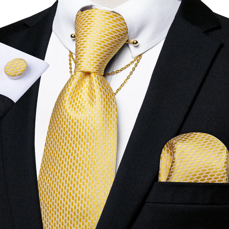 Men's tie with a touch of gold-Shining Yellow Geometric Tie Pocket Square Cufflinks Set with Collar Pin