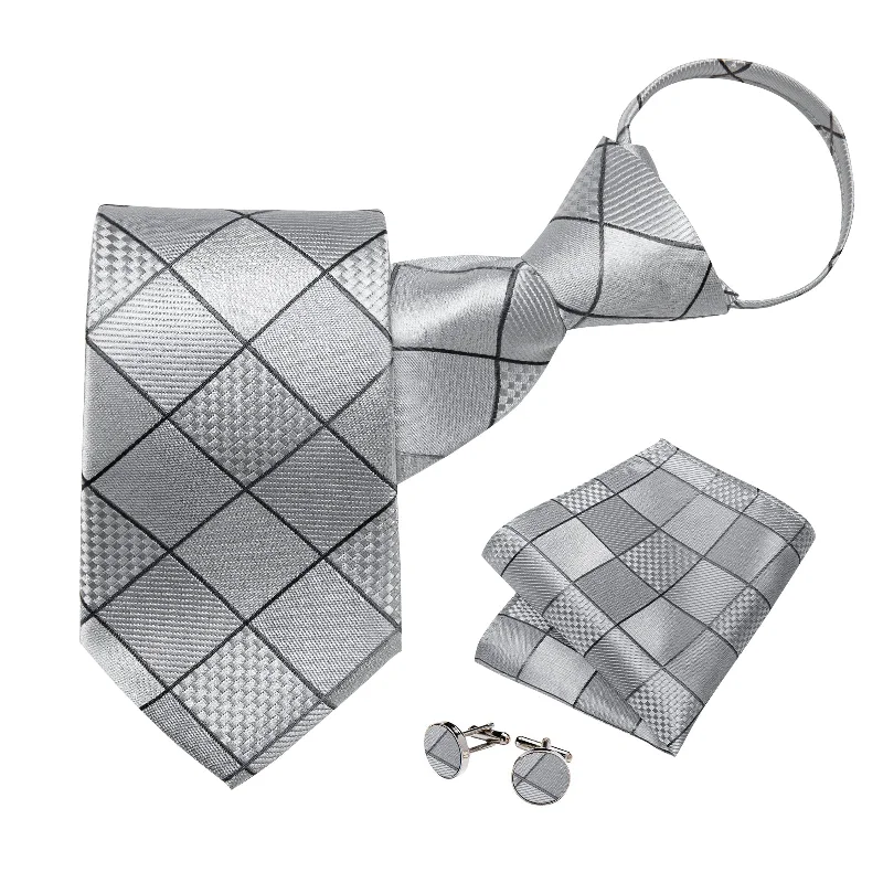 Men's printed ties-Silver Grey Lattice Silk Pre-tied Tie Pocket Square Cufflinks Set