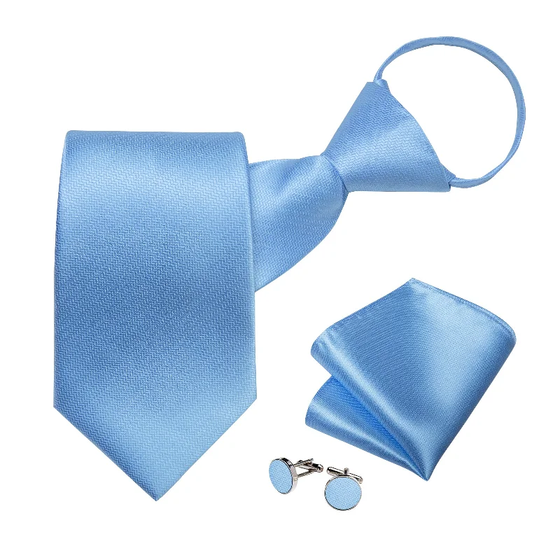 Men's tie for office wear-Sky Blue Stripe Silk Pre-tied Tie Pocket Square Cufflinks Set