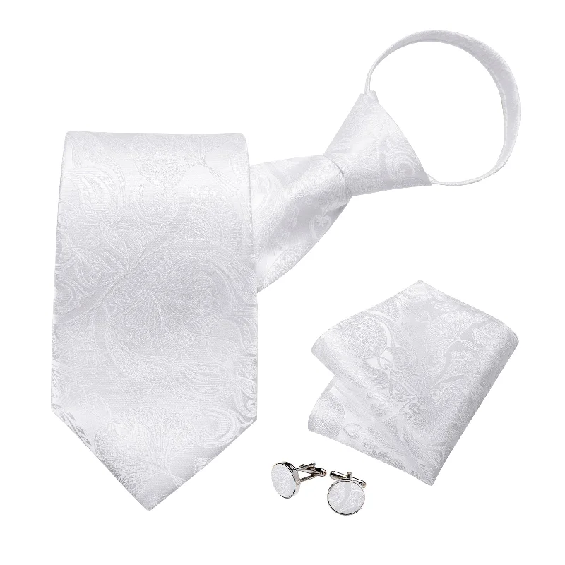 Men's tie for special occasions-White Paisley Silk Pre-tied Tie Pocket Square Cufflinks Set