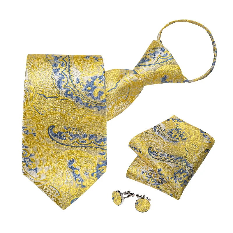 Formal men's neckties-Yellow Blue Floral Silk Pre-tied Tie Pocket Square Cufflinks Set