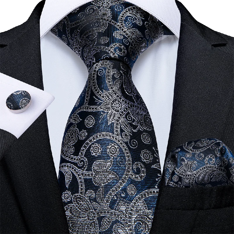 Men's reversible tie-Novelty Blue Grey floral Tie Handkerchief Cufflinks Set