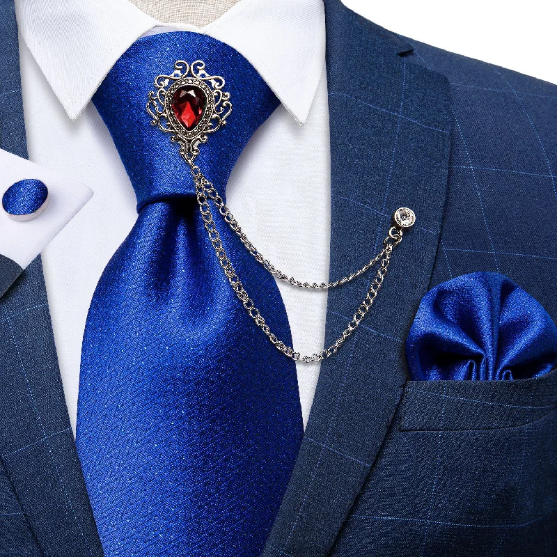 Men's tie with intricate design-Novelty Blue Silk Men's Necktie Handkerchief Cufflinks Set With GEM Lapel Pin Brooch Set