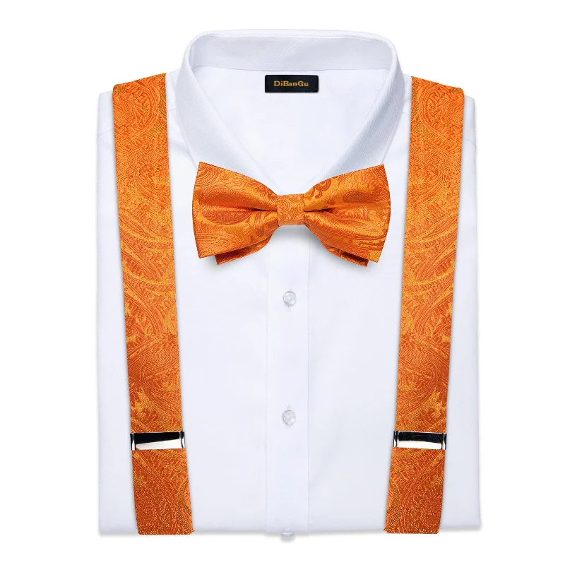 Men's bold striped tie-Orange Floral Brace Clip-on Men's Suspender with Bow Tie Set